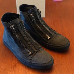 Allsaints gray denim, dual zipper sneaker boots